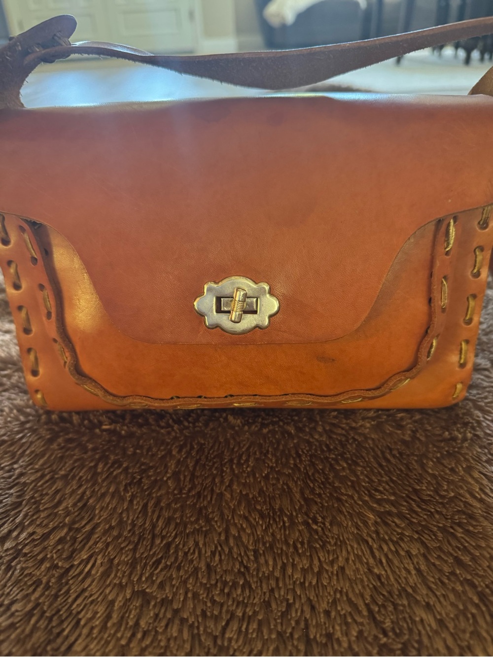 Vintage 70s Western Genuine Leather Whipstitch Crossbody Saddle Bag